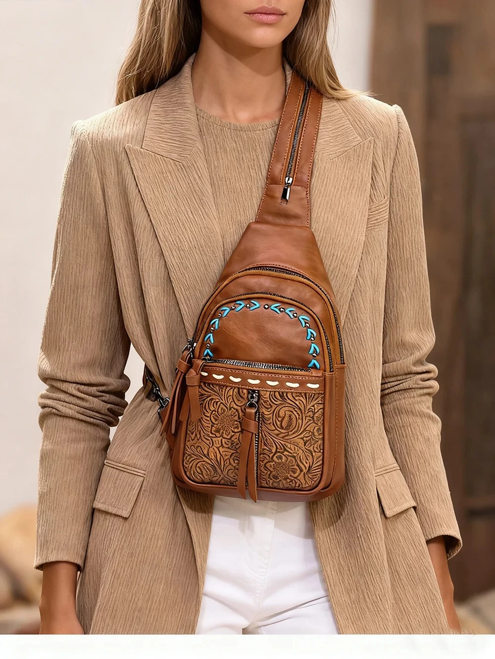 Leather Backpack Vintage - Women Sling Bag 2 in 1